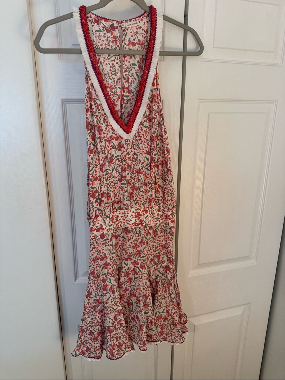 Poupette St. Barth Red and White Floral V-Neck Tiered Mini Dress